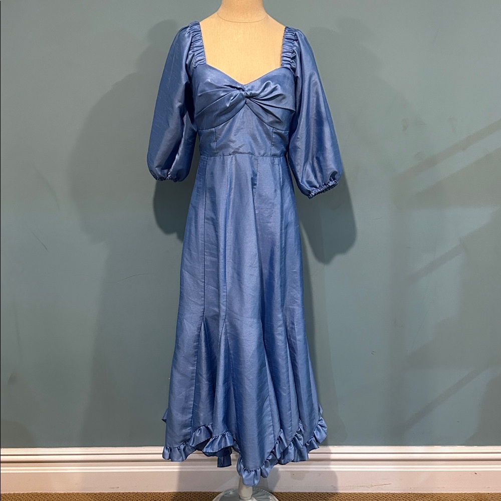 Anthropologie Hutch Twist Front Puff Sleeve Ruffle Hem Dress XS Sky Blue Midi
